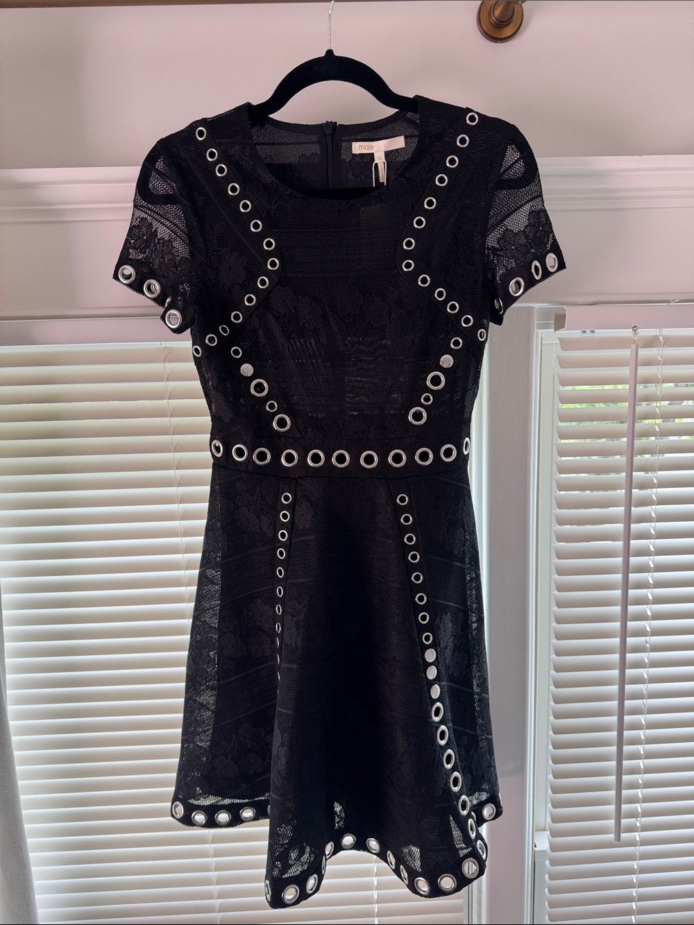 NWT Maje Black Lace Mini Dress with Silver Eyelet Trim Size 36 Fits like XS/S